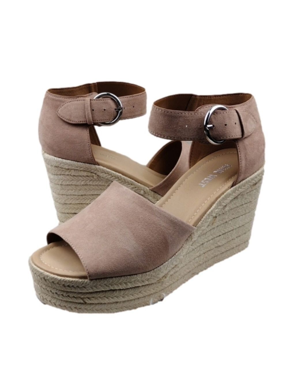 NINE West Adell Pink Faux Suede Open Toe Ankle Strap Platform Wedge Espadrilles